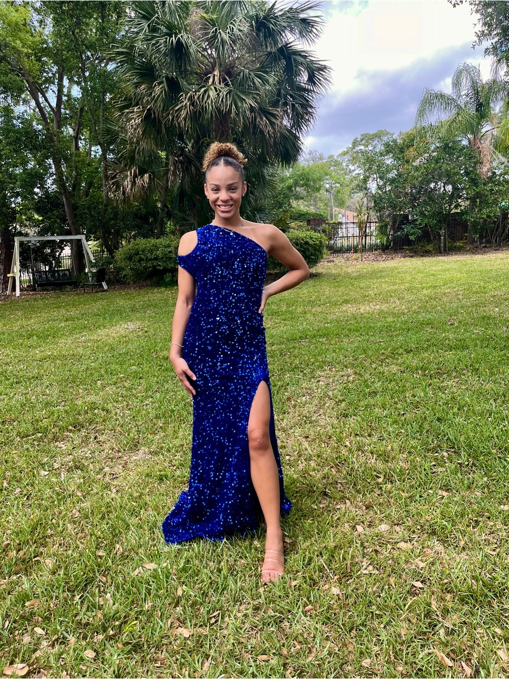 One-Shoulder Sequin Evening Gown in Royal Blue